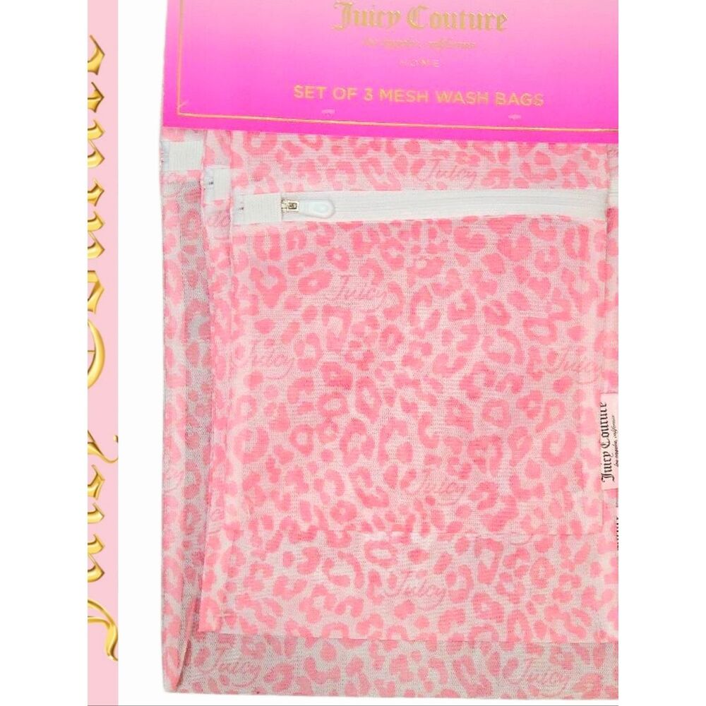 Juicy Couture Home Script Logo Pink Leopord Print Set of 3 Mesh Wash Bags